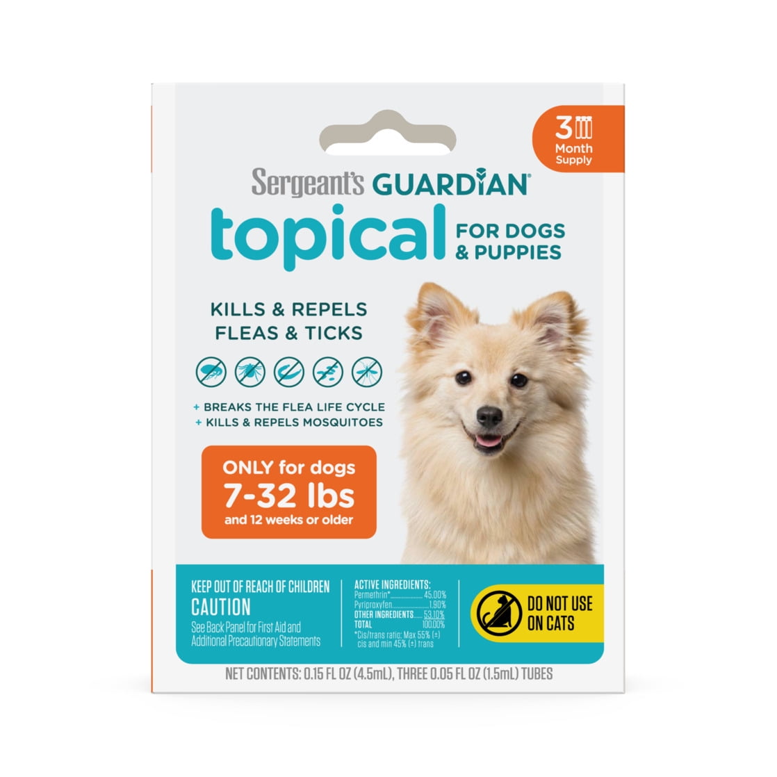 SERGEANT'S GUARDIAN Flea & Tick Topical for Dogs, 7-33 lbs, kills fleas and ticks, plus repels mosquitoes for up to four weeks.