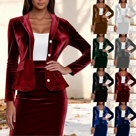 Aboser Business Casual Velvet Blazer Jackets for Women Slim Fit Cropped Suit Coat Vintage Button Down Blazers Lapel Long Sleeve Work Office Jacket Coat