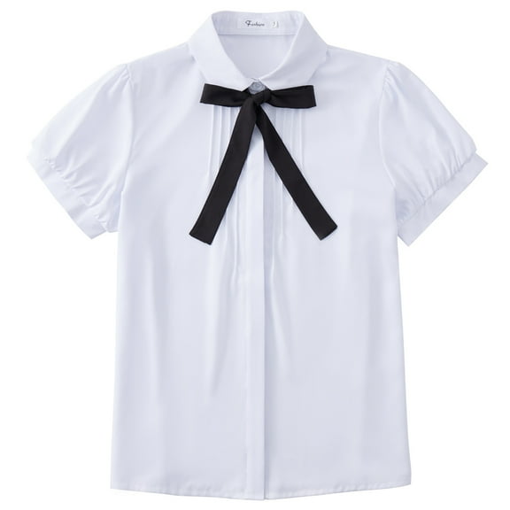 Women Bow-tie Shirts Peter Pan Collar Short Sleeve Blouses Office Lady Button-Down White Shirts Semi Formal Work Blouses, Short Sleeve L