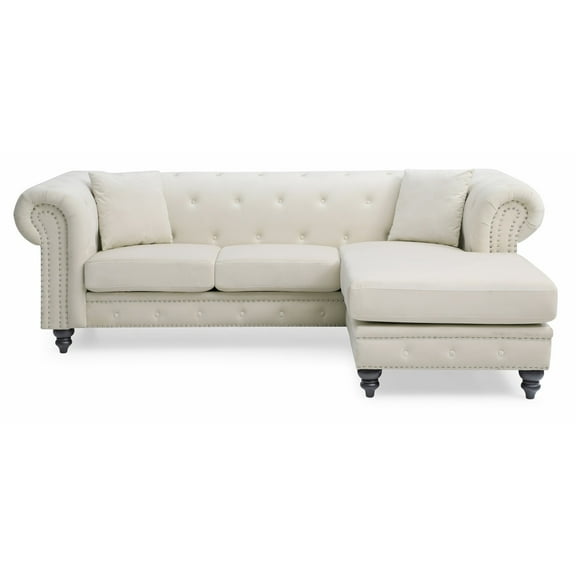 Nola 98 in. Ivory 3-Seater Velvet Sofa with 2-Throw Pillow