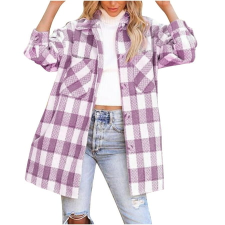 

Trench Coats for Women Winter Jackets for Women Women Plaid Casual Long Sleeve Loose Lapel Jacket Coat with Pocket Cardigan for Women on Sales Bomber Jacket Women Purple S