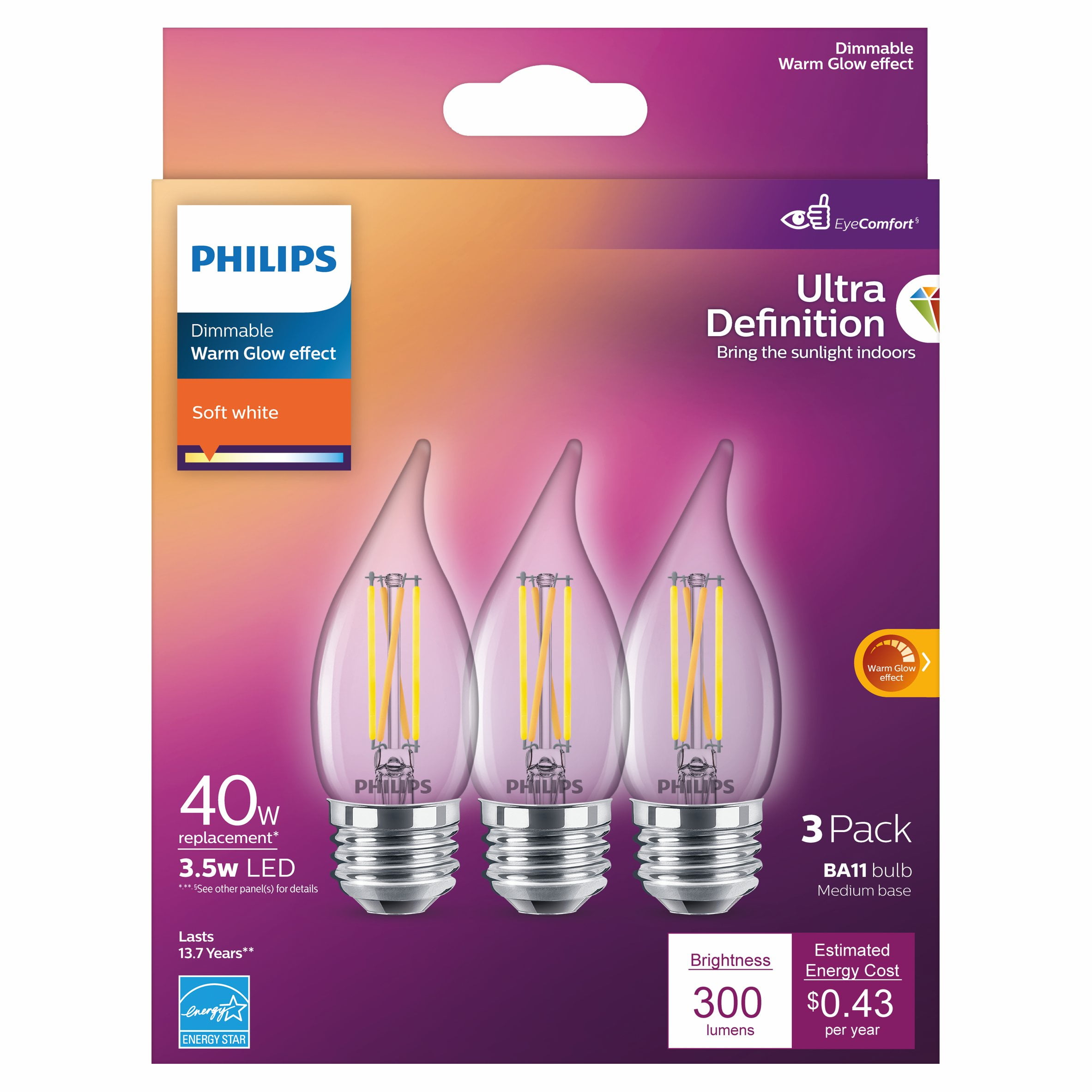 Philips Ultra Definition LED 40-Watt BA11 Filament Candle Light Bulb, Clear  Daylight, Dimmable, E26 Medium Base (3-Pack) 