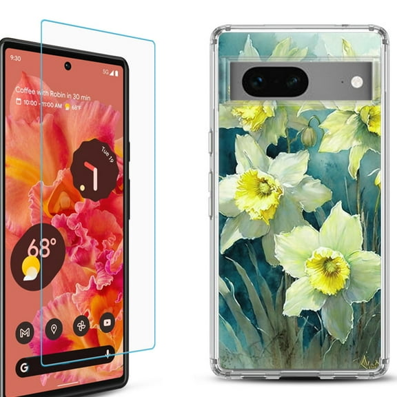 OneToughShield ® for Google Pixel 7a Shockproof Bumper Phone Case, with Tempered Glass Screen Protector - Daffodils