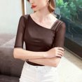thumbnail image 6 of Lenpel Women's Mesh Tops Half Sleeve Asymmetrical Neck Patchwork Slim T-Shirts Tight Casual Tee Shirts Going out Blouses(Coffee,X-Large), 6 of 6