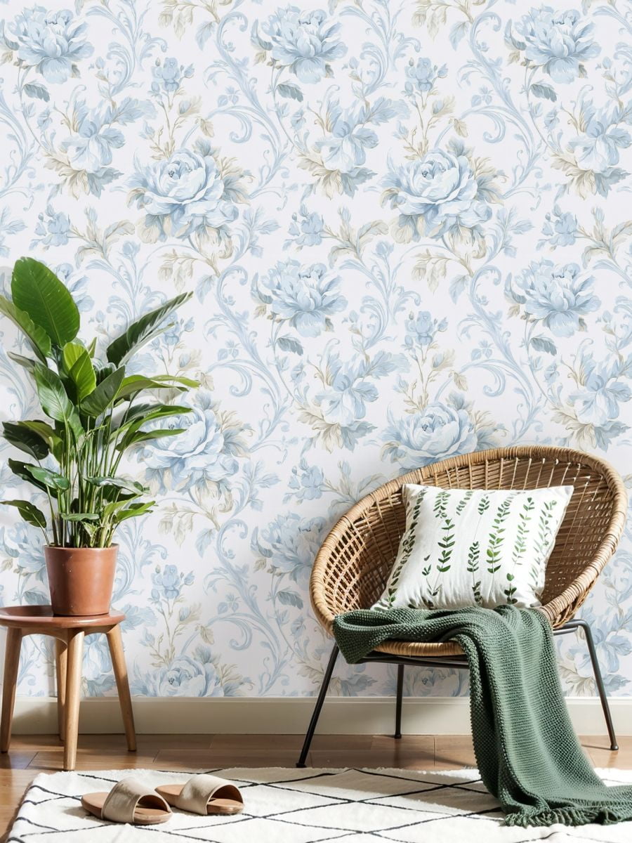 Vintage Peel and Stick Wallpaper Vintage Blue Floral Roses Leaves Light Wall Mural 23.6in x 9.8ft Self Adhesive Removable Wall Paper Renter Friendly Wallpaper for Nursery Bedroom Cabinets