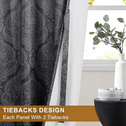 Hiasan Ombre Blackout Curtains for Bedroom - Back Tab & Rod Pocket Elegant Damask Design Thermal Insulted Window Drapes with Tiebacks Light Blocking Curtains, 2 Panels, W42 x L84, Black