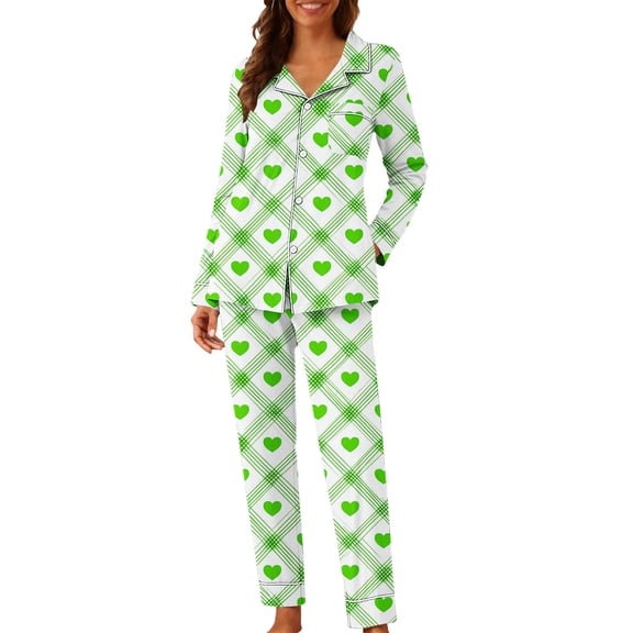 SERTG Womens Valentine Print Lapel Long Sleeve Pajama Set with Pockets Casual Spring Fall Homewear Two-Piece Outfit(Green,2XL)