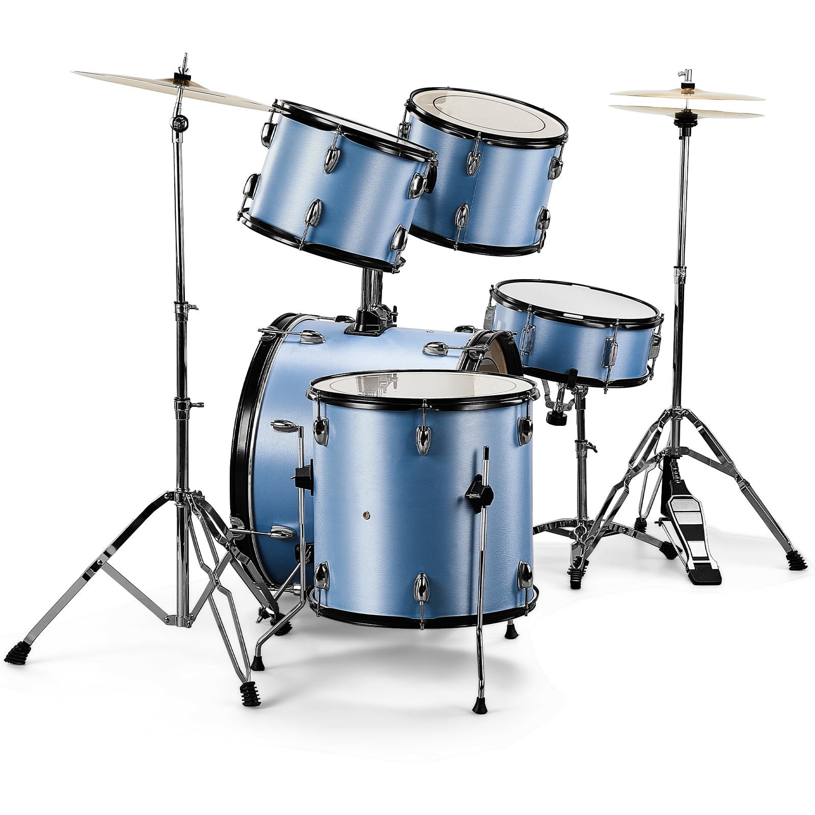Full Size Adult Drum Set, 5-Piece Blue with Bass Drum, Two Tom Drum, Snare Drum, Floor Tom, 16" Ride Cymbal, 14" Hi-hat Cymbals, Stool, Drum Pedal, Sticks