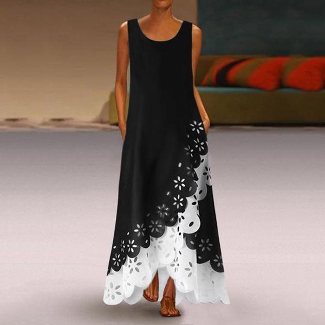 HKEJIAOI Liquidation des Ventes Robe Fleurie pour Femmes Robe d'Anniversaire Femmes Mode Sans Manches Imprimé Col Rond Longue Robe Maxi Robe Chemise de Plage Blanc
