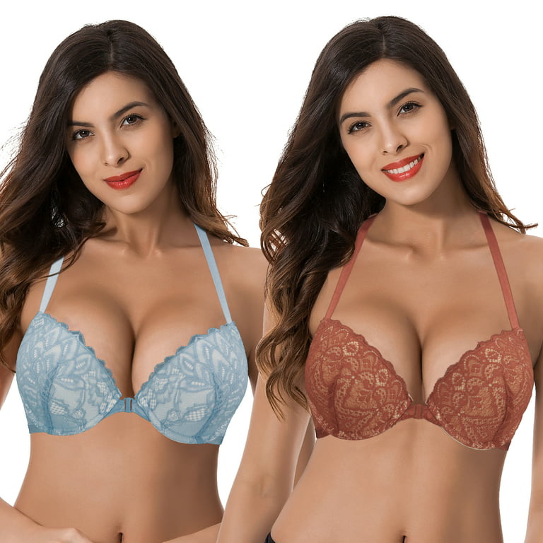 Curve Muse Womens Push Up Add 1 and a half Cup Underwire Halter Front Close  Bras -2PK-LT BLUE,RUST-46DD