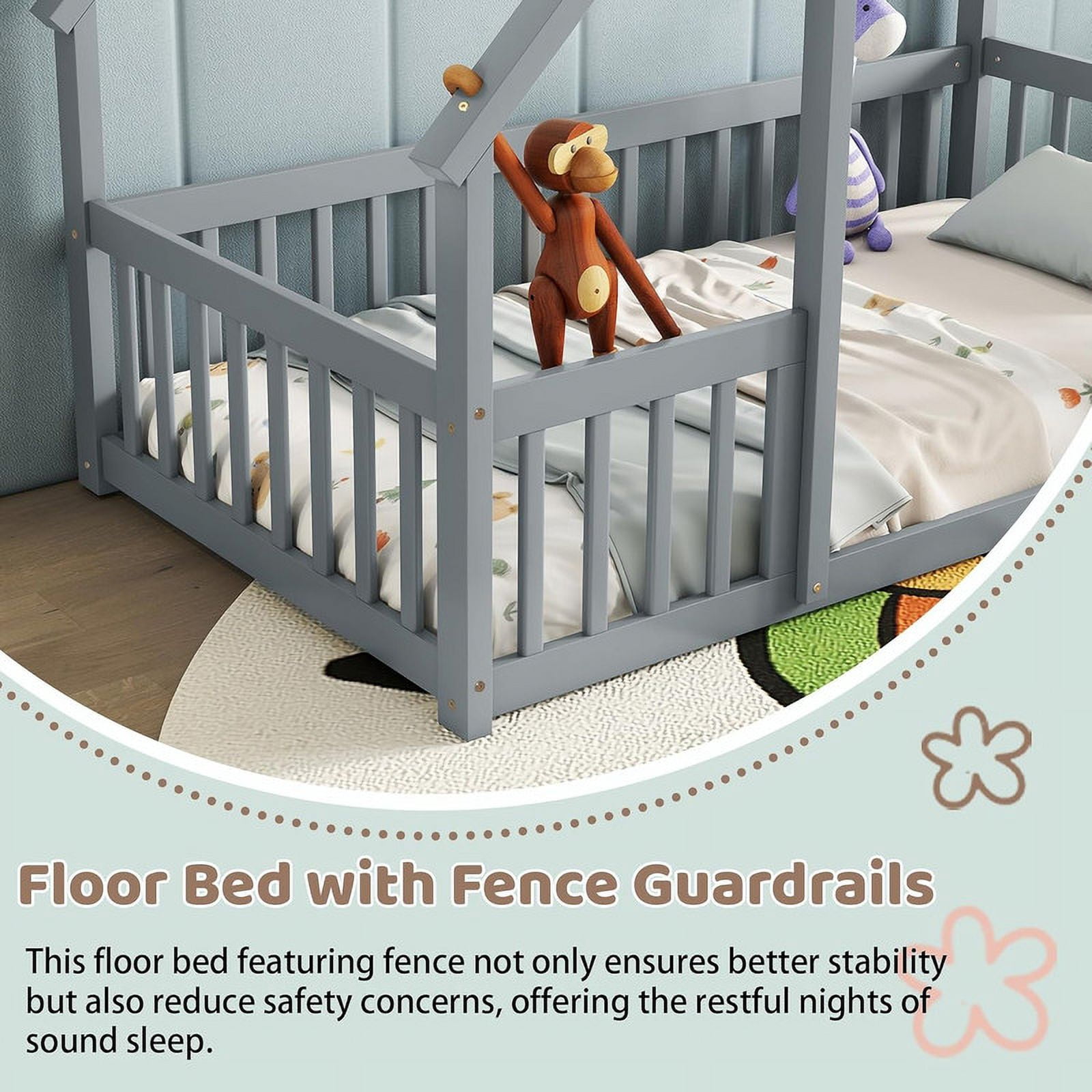 Mirightone Twin Size House Floor Bed Frame with Triangular Roof and Fence Rails, Wooden Floor Bed Frame for Girls,Boys, Montessori Floor Bed, Easy Assembly（Grey）