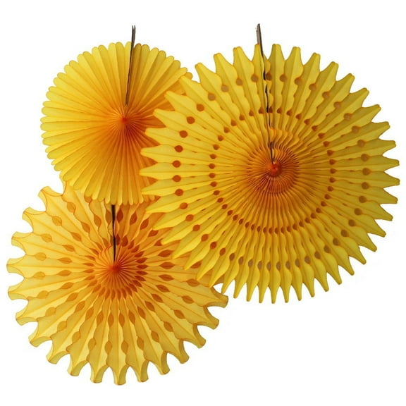 Hanging Gold Tissue Fan Decorations, Set of 3 (21 inch, 18 inch, 13 inch) by Devra Party