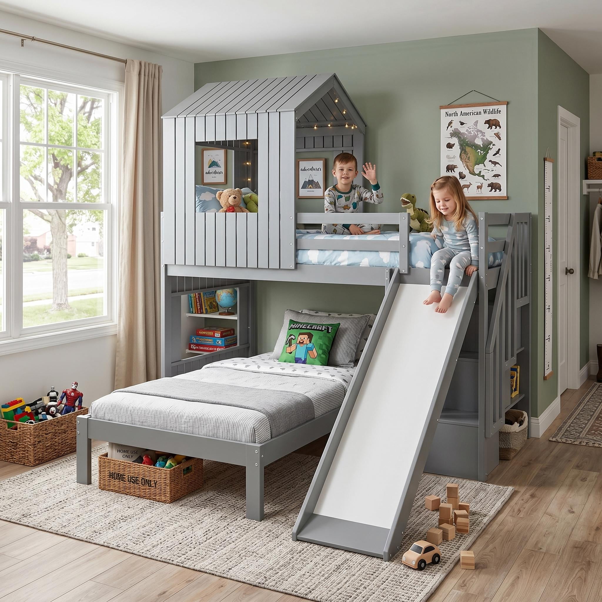 Homy Casa Twin Over Full Bunk Bed, 89" Wood House Bed with Slide, Guardrails & Slats for Kids Bedroom, Gray