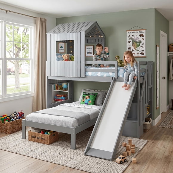 Homy Casa Twin Over Full Bunk Bed, 89" Wood House Bed with Slide, Guardrails & Slats for Kids Bedroom, Gray