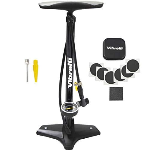 Vibrelli Bike Floor Pump with Gauge & Puncture Kit - 160 PSI - Presta Valve Bike Pump Switches to Schrader - High Pressure Bicycle Pump