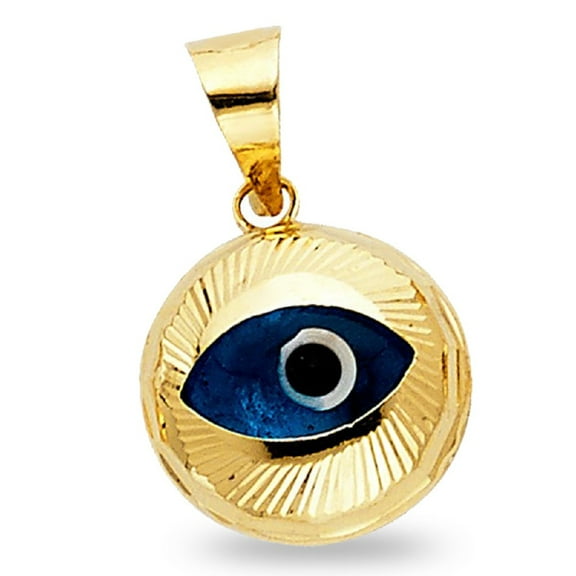 Solid 14k Yellow Gold Evil Eye Pendant Diamond Cut Charm Polished Genuine Fancy 13 x 13 mm