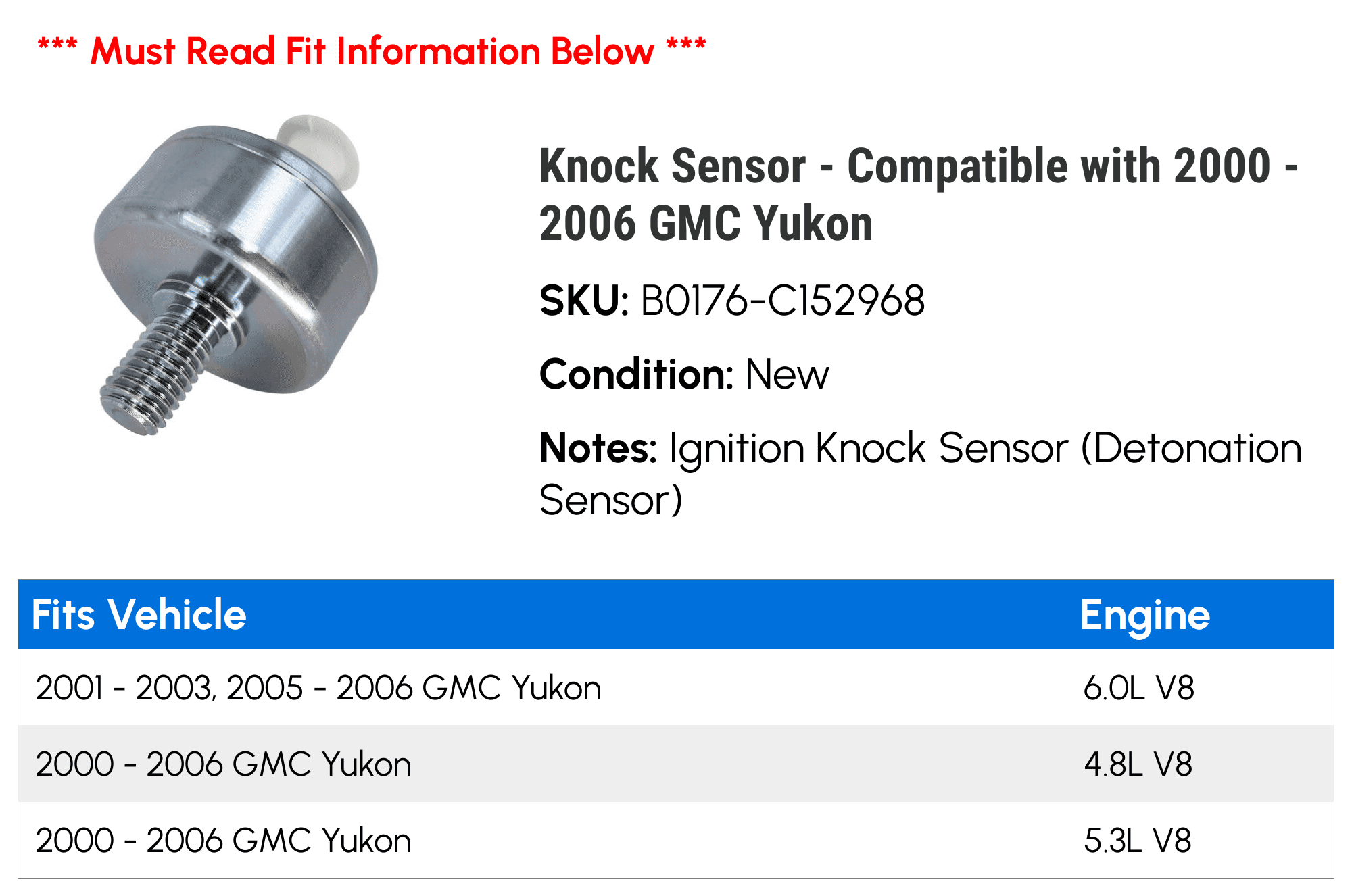 Knock Sensor - Compatible with 2000 - 2006 GMC Yukon 2001 2002 2003 2004 2005