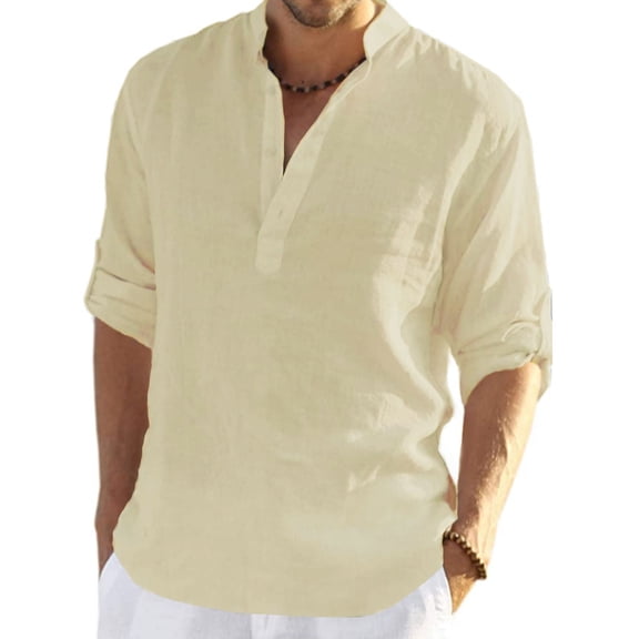 Ginsiom Men's Cotton Linen Shirt Long Sleeve Henley Shirts Hippie Beach T Shirts for Men