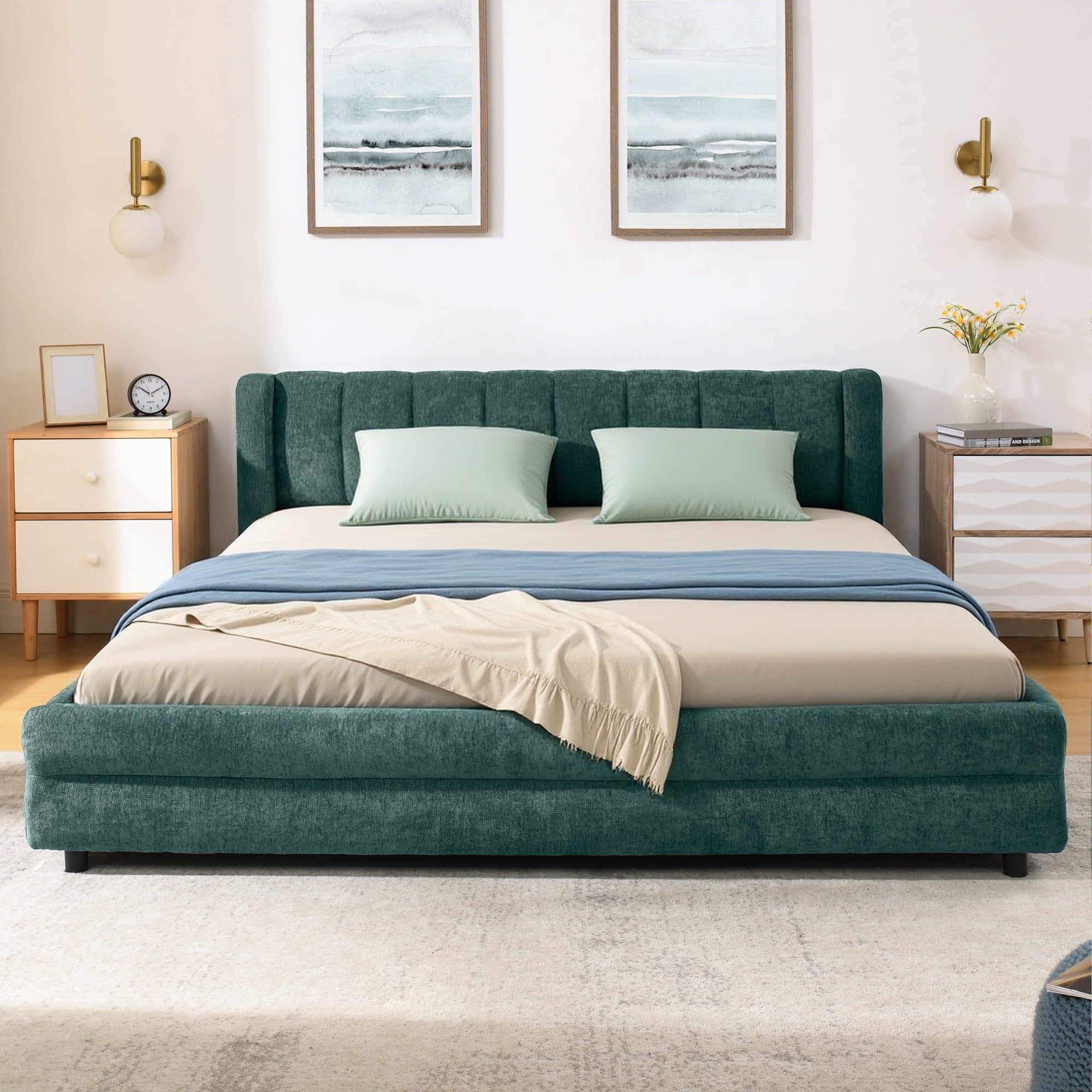 Modern Blueish Green Wood Frame Queen Size Platform Bed, Queen Chenille Upholstered Platform Bed with Headboard & 4 Drawers