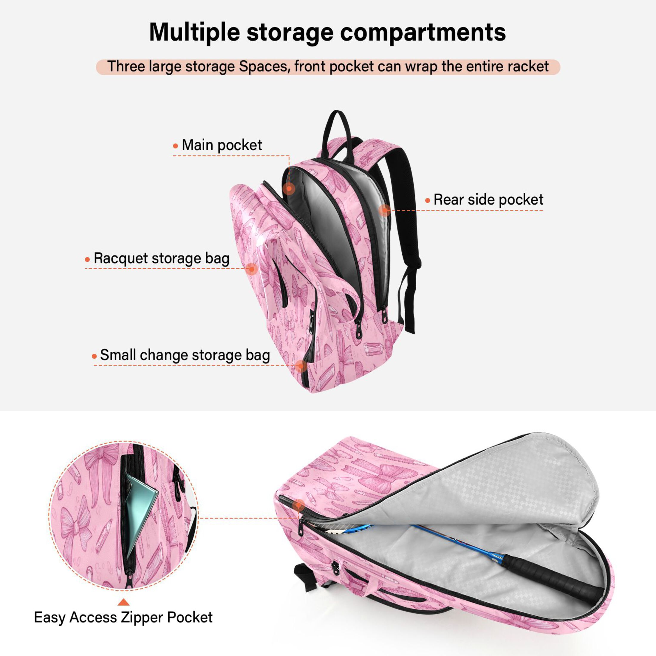 2 Racquet Holder Tennis Backpack Tennis Racket Covers Gym Bags Pink Bows and Pencils