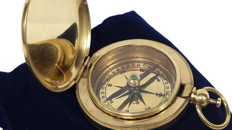 Solid Brass Pocket Compass - Vintage Nautical Style Working Compass with Leather Case - Portable Navigation Tool for Hiking, Camping, and Maritime Decor