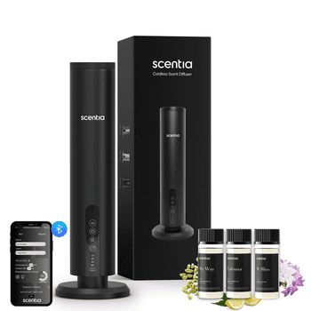 Scentia Max Scent Diffuser Machine | Waterless Cold-Air Diffusion | Stylish Design | Diffuser for Home, Office, Yoga Room I Fragrance Oil Diffuser – Black + Pack of 3 Oil Hotel Set 1 Included