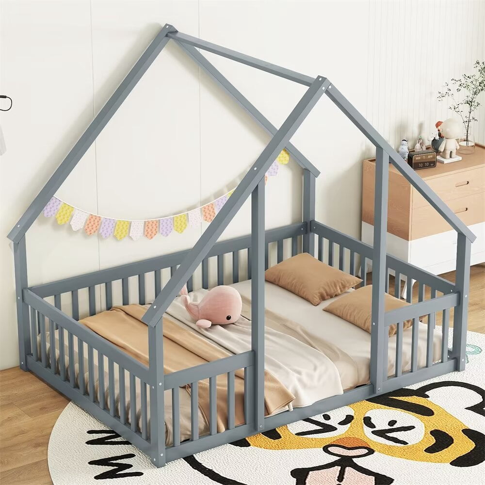Full Size Floor Bed for Kids Toddlers, Wooden Montessori Bed Frame with Roof and Fence Guardrails, Playhouse Bed Tent Bed for Boys Girls Bedroom, Easy Assembly, Grey