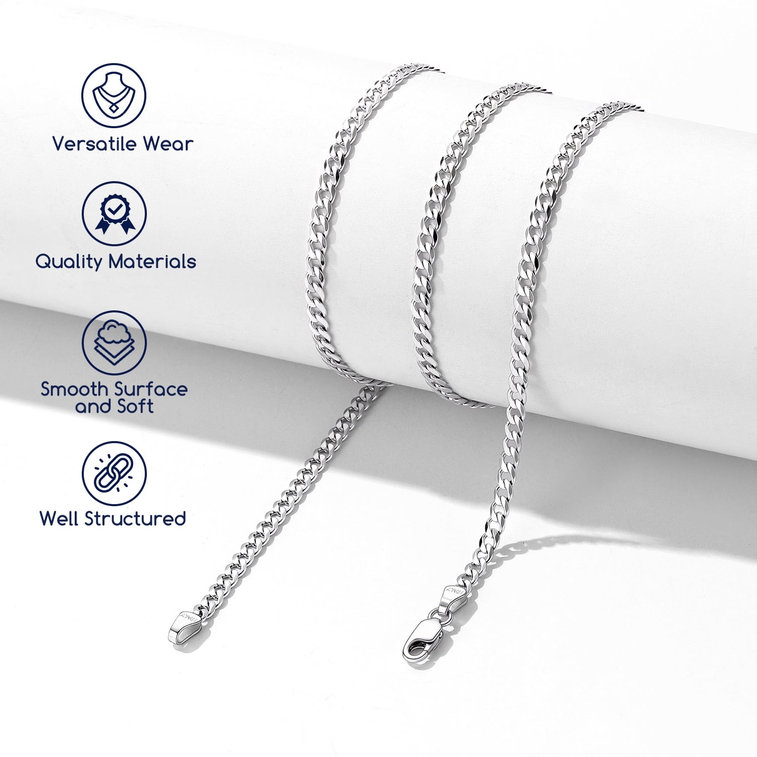 Suplight Solid 925 Sterling Silver Chain Necklace 3mm Flat Curb Cuban Link Chain Jewelry Gift for Men Women