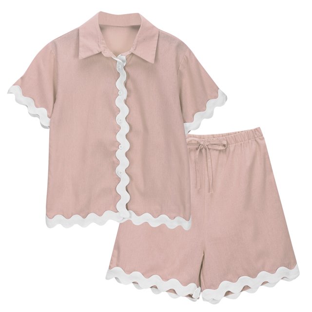 Rovga Girl Outfits 4-5 Years Short Sleeve Solid Color Short Button Down Shirt Pajamas Suit Toddler Rd2 Sweet Outwear