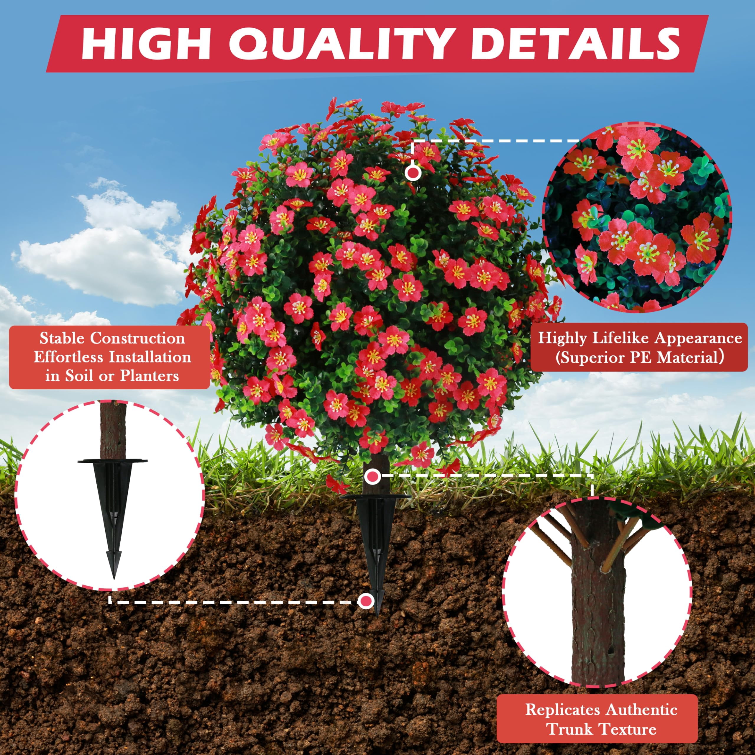 Bibana Set of 2 Artificial Boxwood Topiary Ball Trees with Red Flower, Faux Shrub Bushes with Ground Spike 25.5", UV Resistant Fake Boxwood Plants for Indoor, Garden, Porch, Patio Decor