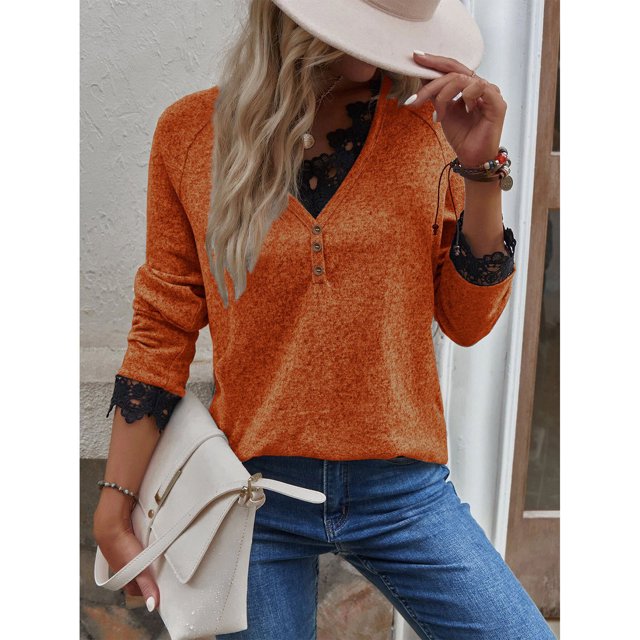 Top de punto para mujer, top de punto de manga larga con encaje y escote en V para mujer, top de punto de manga larga para mujer, jersey de alto rendimiento