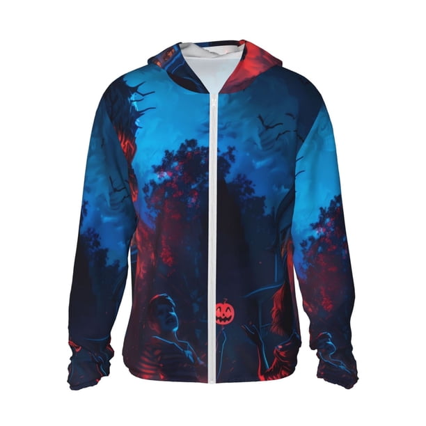 Fotbe Spooky Halloween Night Scene Chaqueta con Protección Solar UPF 50+ para Hombre y Mujer, Camisa con Capucha y Bolsillos-Small