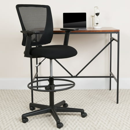 UPC: 0889142077688 | Flash Furniture Harper Ergonomic Mid-Back Mesh Drafting Chair with Black Fabric Seat Adjustable Foot Ring and Adjustable Arms