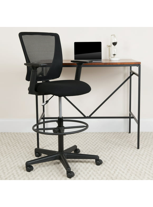 BizChair Ergonomic Mid-Back Mesh Drafting Chair with Black Fabric Seat, Adjustable Foot Ring and Adjustable Arms