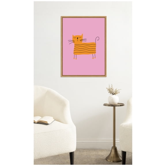 Kate and Laurel Framed Canvas Wall Art Print Orange Cat by Laura Moss, 18 x 24 Sylvie Natural Frame, Whimsical, Animal Art for Wall Decor