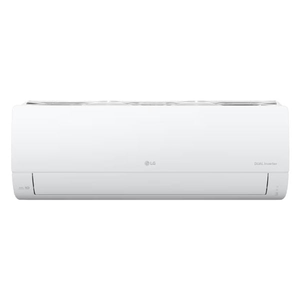 aire acondicionado lg 12k btu 110v inverter minisplit blanco, vista frontal centrada del gabinete mural con logo LG en el centro, panel inferior con salida de aire y texto 'DUAL Inverter' en la esquina derecha, acabado liso blanco; compatible con control inteligente por móvil, monitor de energía y función Jet Cool según especificaciones.