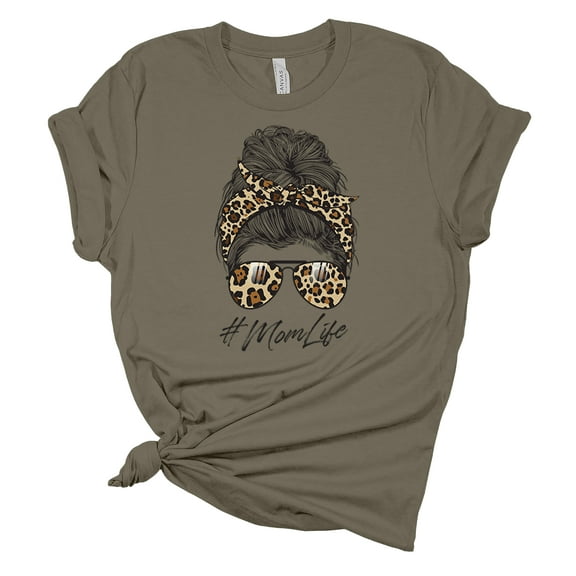 Trenz Shirt Company Womens Messy Bun Cheetah Print Mom Life Short Sleeve Graphic T-Shirt, Army-4XL