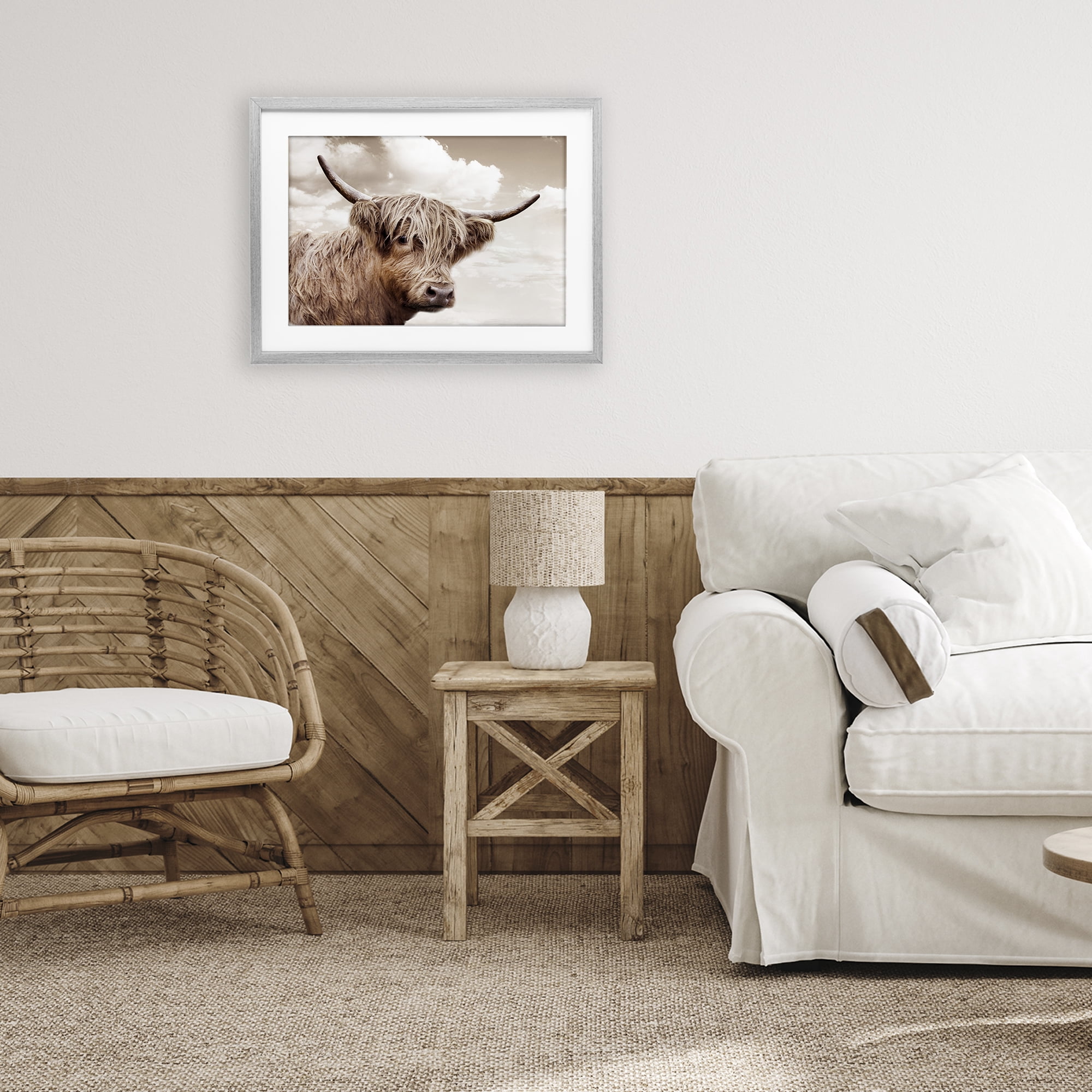 Stupell Industries Shaggy Highland Cow & Clouds Gray Framed Print Under Glass, design by CAD Designs