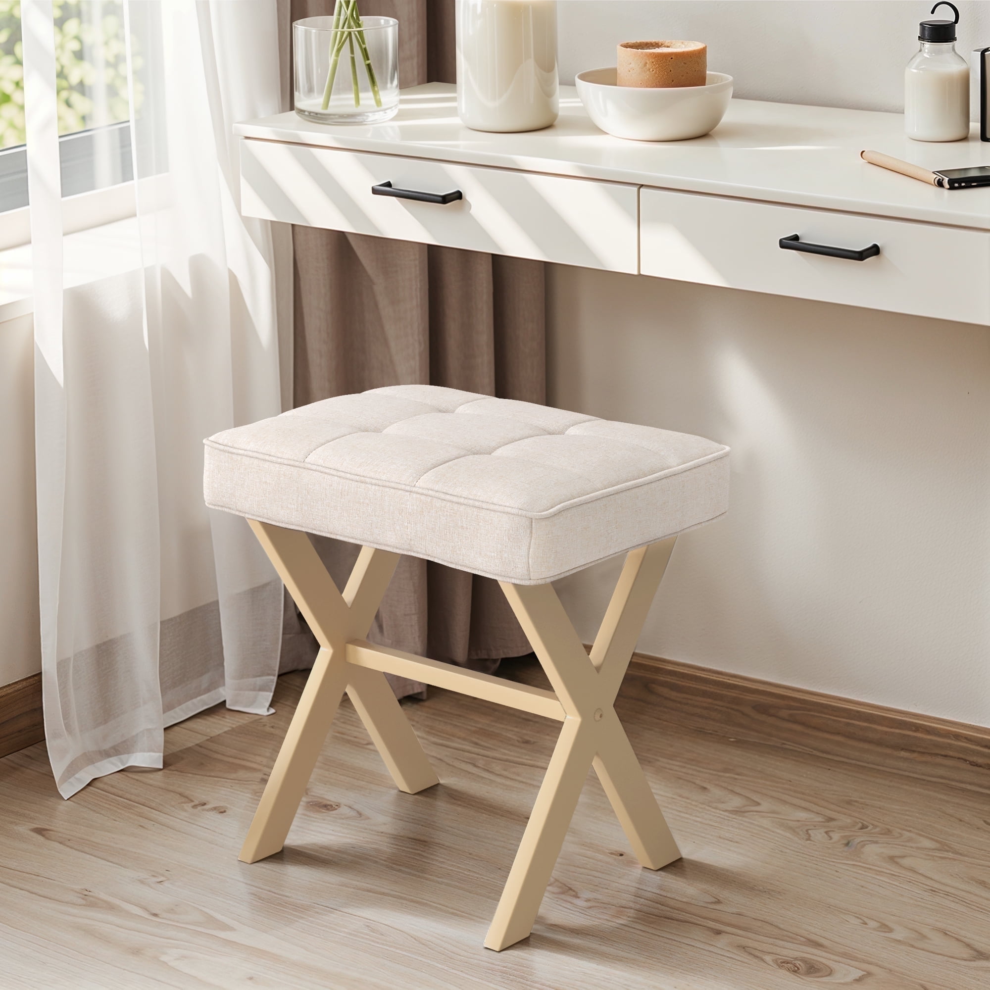 Dycanpo Vanity Stool with Metal X Legs, Sand photo 1