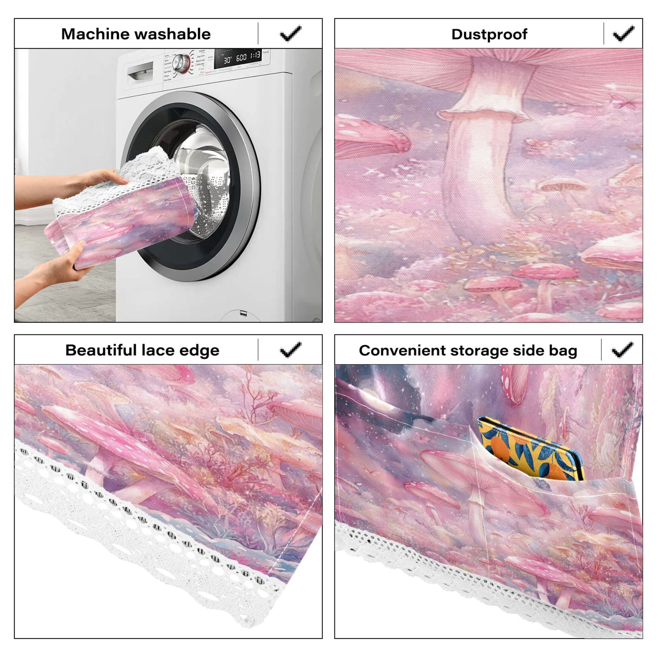 Washing Machine Cover 51.2x22in, Durable Polyester Dust Cover with Lace Trim and Side Pocket for Appliances Pink Mushroom Butterfly