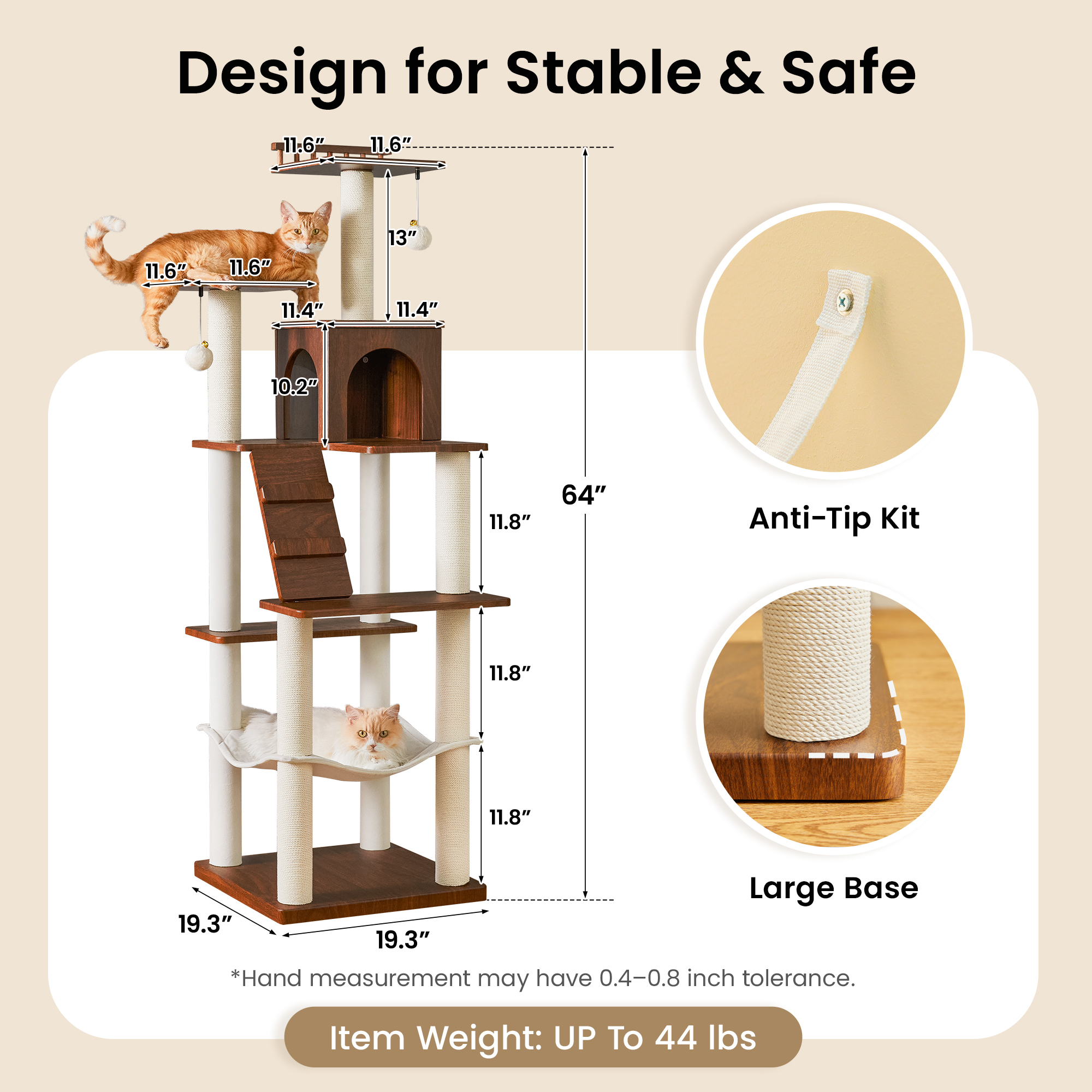 MWPO Modern Cat Tree - 64 inch Cat Tower for Indoor Cats, Multi-Level Cat Condo with 7 Fully Wrapped Scratching Posts, 2 Perches, Hammock, Removable Pad & Dangling Balls-Walnut Brown