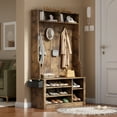 thumbnail image 2 of 5-in-1 Hall Tree Shoe Storage Bench, Entryway Clothes Rack with 7 Hooks, Overhead Storage, Rustic Brown, 2 of 8