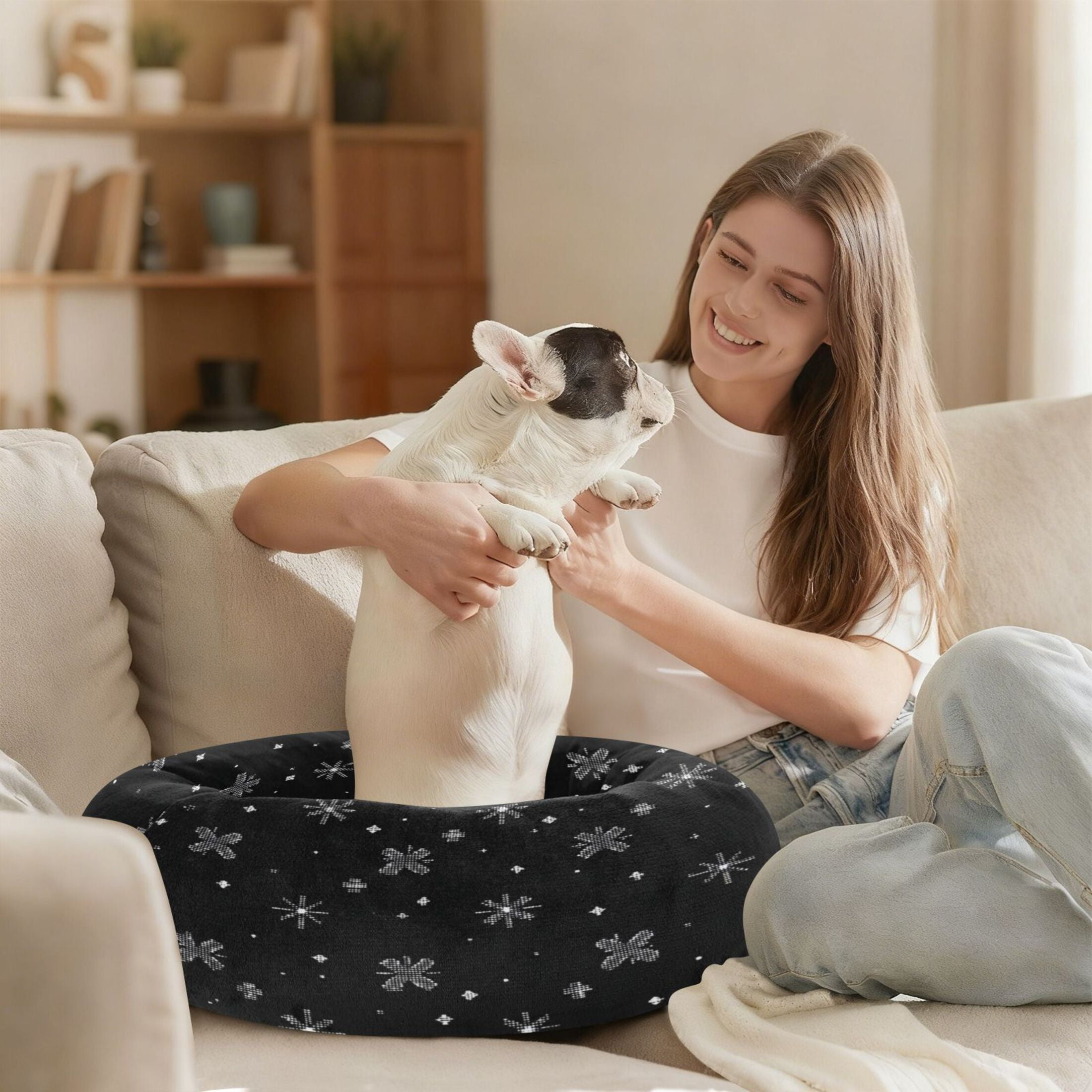 Iauyy Pet Couch Donut Cat Bed for Indoor Cats/Small Dogs Washable & Machine with Non-slip Bottom Calming Cat Furniture, A Small White Star (M)
