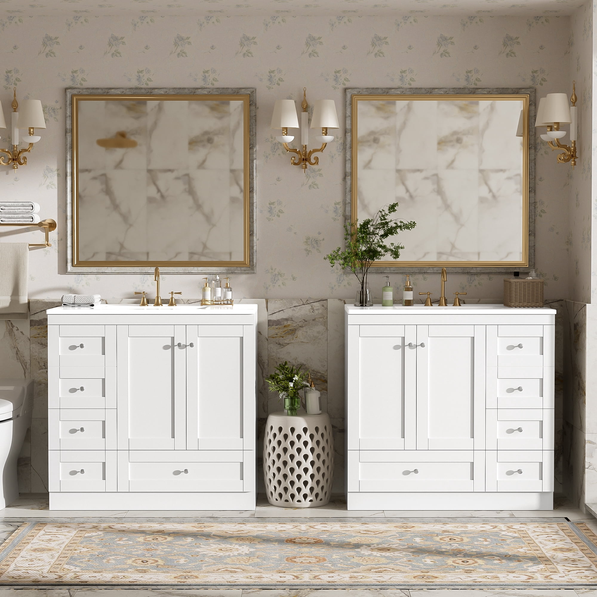 Harper & Bright Designs 72" Bathroom Vanity Set with Double Sink, Vanity Cabinet with 4 Doors and 8 Drawers, Wood Bathroom Cabinet with Ceramic Basin for Bathroom, White