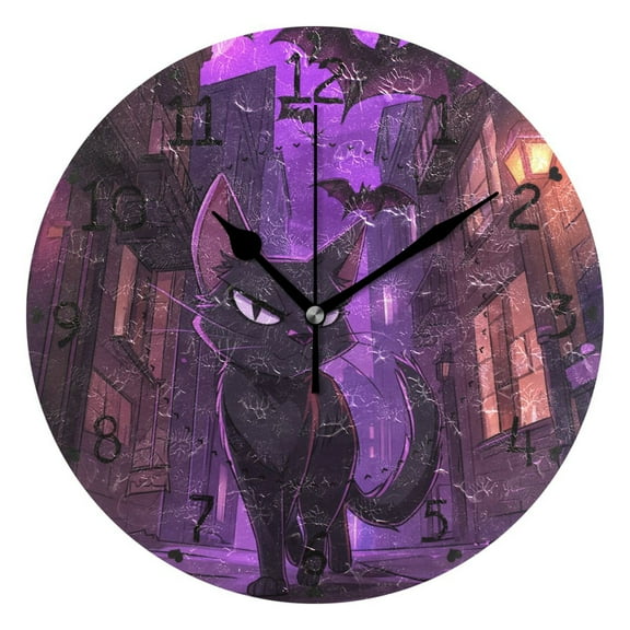 Halloween Mysterious Black Cat Round Wall Clock Silent Battery Operated Home Decor for Living Room Bedroom