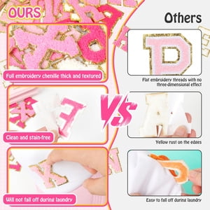 Self-Adhesive Chenille Letters Patches: 104PCS Pink-Colored Letter Patches Stickers - Varsity Alphabet Initial Patch for Clothing Backpacks Make-up Bags DIY Gifts Decor