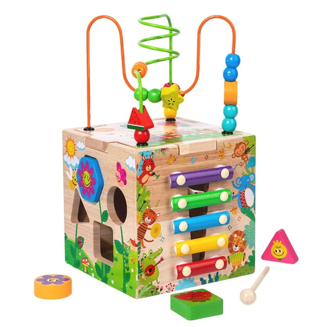 Juego de actividades de madera con forma de cubo, juego de combinación de colores, reloj digital con forma de piano para golpear a mano, de desarrollo