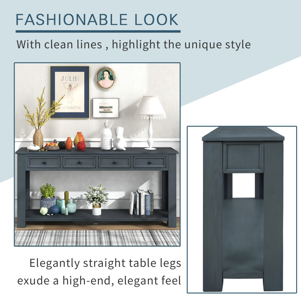 Solid Wood Console Table With 4 Drawers And 1 Bottom Shelf For Entryway, Hallway, Easy Assembly, 63 Inch Long Sofa Table, Navy
