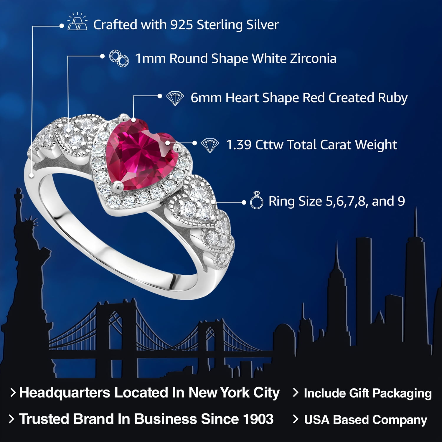 Gem Stone King 925 Sterling Silver Red Created Ruby Engagement Ring for Women (1.39 Cttw, Heart Shape 6MM, Available in Size 5, 6, 7, 8, 9)