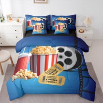 Manfei Vintage Movie Twin Bedding Sets 7-Piece for Kid, Theater Film Popcorn Bedding Comforter Set, Cinema Trictet Reversible Sheet Sets, Ultra Soft Home Decor